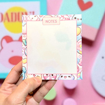  kawaii-themed notes notepad being displayed showing cute cartoon characters and colourful design - handmade kawaii stationery