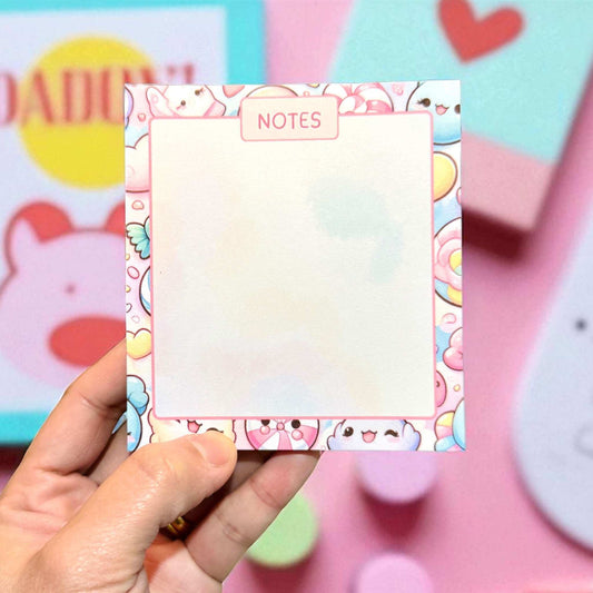  kawaii-themed notes notepad being displayed showing cute cartoon characters and colourful design - handmade kawaii stationery