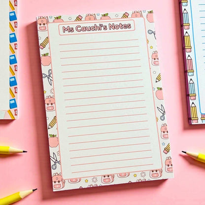 Personalised kawaii design notepad with cute backpack and school supply design