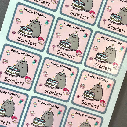 Stickers with a cat character and 'happy birthday' text, personalized with kids name.