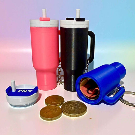 Tumbler style keyring that can be use as lip balm holder, pill holder or money holder