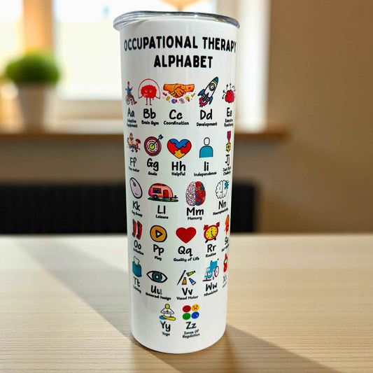Tumbler with Occupational Therapy Alphabet design on a wooden surface