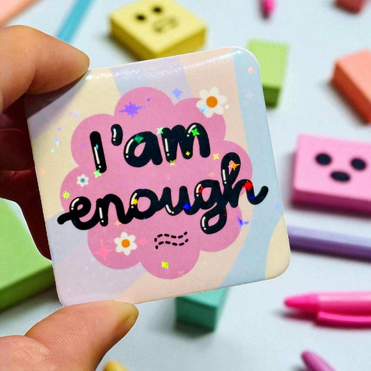 Close-up of holographic 'I am enough' motivational sticker with starry shimmer effect and colourful cloud design - custom affirmation magnets Australia