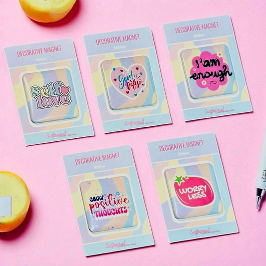 Professional packaging set of five collection of custom motivational magnets featuring mental health and wellness affirmations - positive thinking gifts Australia