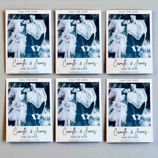 Personalised save the date photo magnets showcasing romantic couple photo with custom wedding details - handmade wedding magnetic announcements