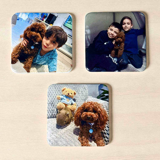 Custom photo magnets featuring family memories with children and pet poodle - personalised magnetic photo keepsakes handmade by Craftinspired Melbourne Australia