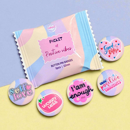 Custom button pin badges set featuring positive affirmation messages for mental wellness and self-care - 32mm motivational badges collection