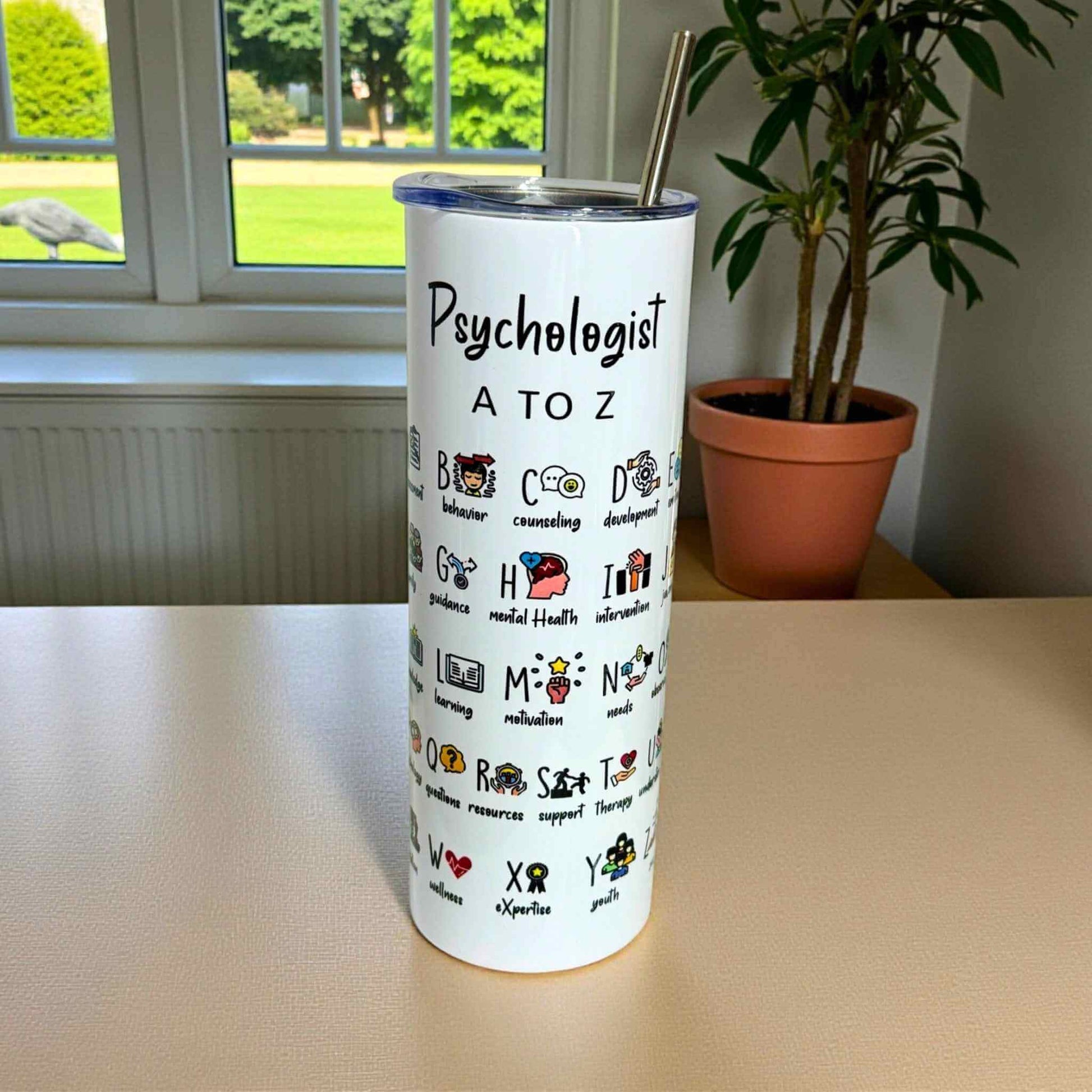 Tumbler with Psychologist Alphabet as the back design.