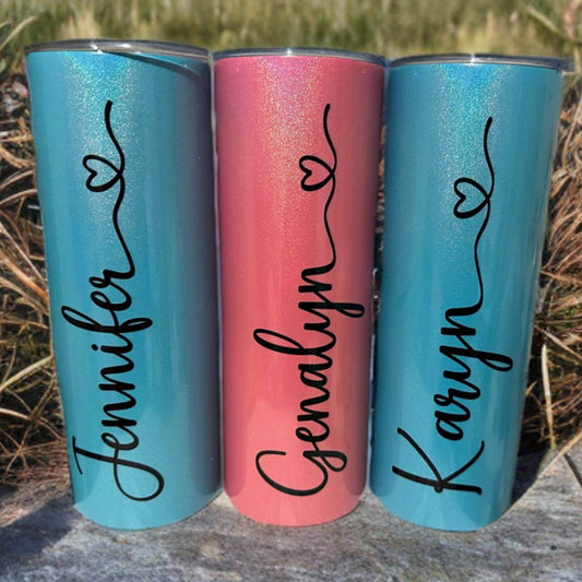 Custom skinny tumblers with personalised script names in beautiful colours with metallic finishes - personalised drinkware gifts