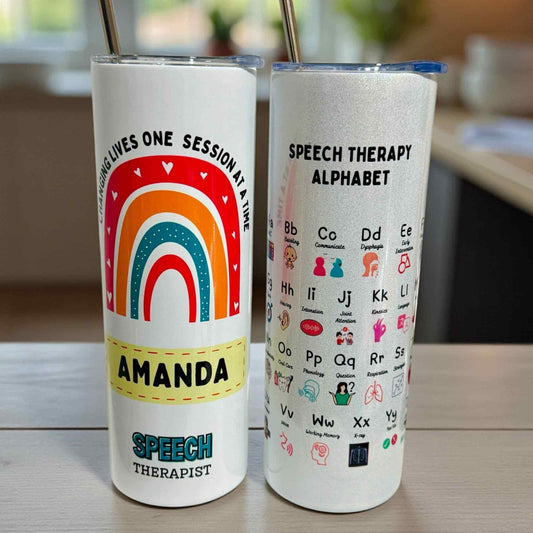 Personalised tumbler for speech therapist, showing front with personalised name and back with speech therapy alphabet
