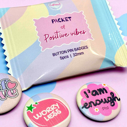 Positive vibes button pin badge set in colourful packaging with wellness affirmations and motivational quotes - custom pin badge collection