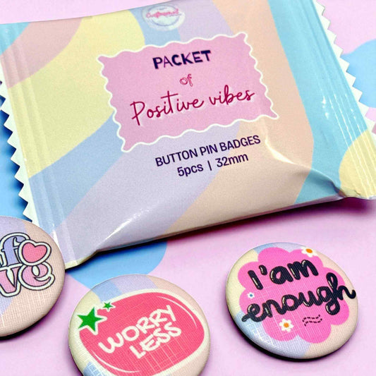 Positive vibes button pin badge set in colourful packaging with wellness affirmations and motivational quotes - custom pin badge collection