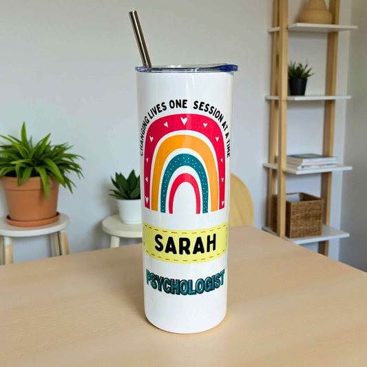 Personalised tumbler for psychologist with their name written. 