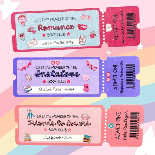 Three colourful ticket themed bookmarks book club membership tickets on a pastel background