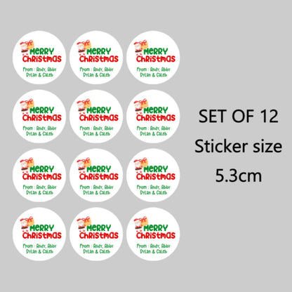 Set of 12 'Merry Christmas' stickers with customizable text on a gray background