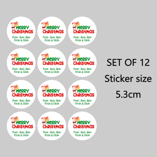 Set of 12 'Merry Christmas' stickers with customizable text on a gray background