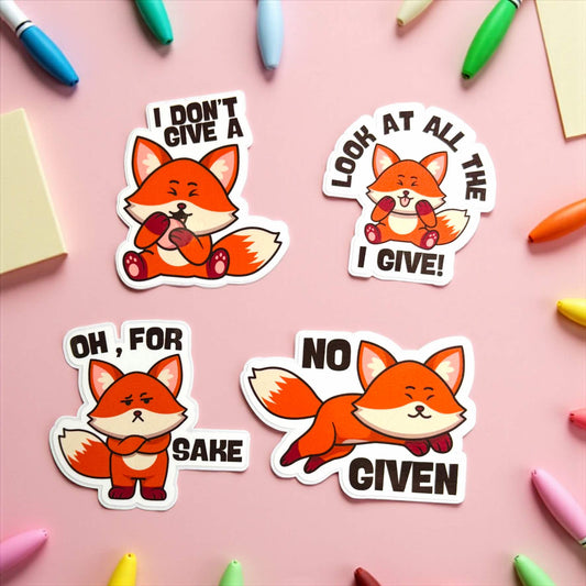 Four foxes themed swear stickers with humorous text on a pink background with colourful markers. 