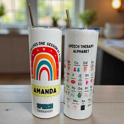 Two tumblers showing double sided design of personalised speech therapist tumbler gift