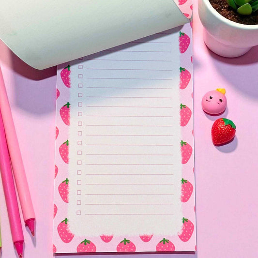 Handmade to-do list notepad with strawberry pattern shown in organised desk setup - cute planning stationery delivered across Australia
