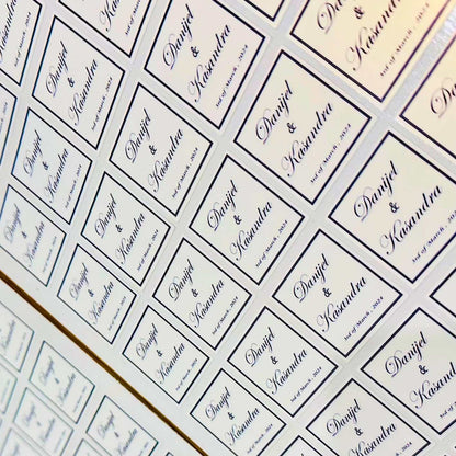 Wedding stickers with couples names and dates.