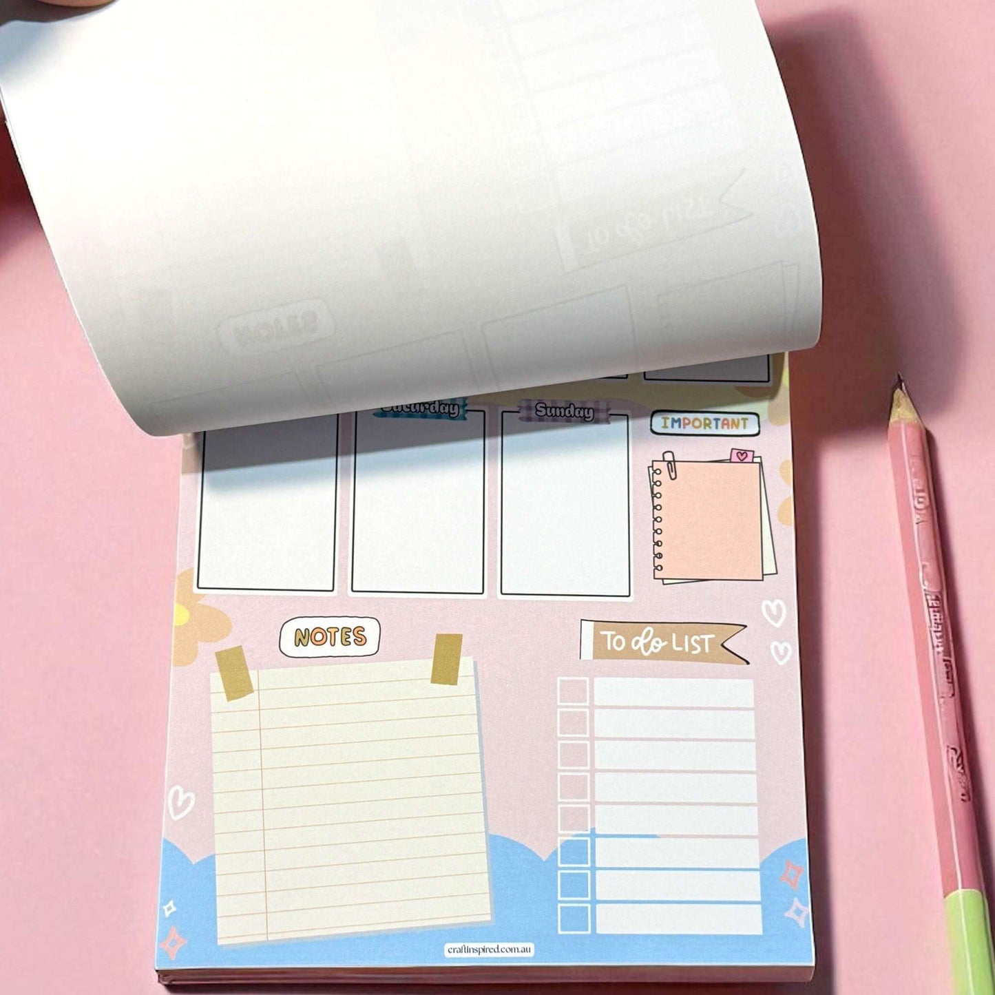 Weekly planner notepad showing tear-off pages with daily planning sections, notes, and to-do list areas - organisation tools for mums, teens, and teachers Australia